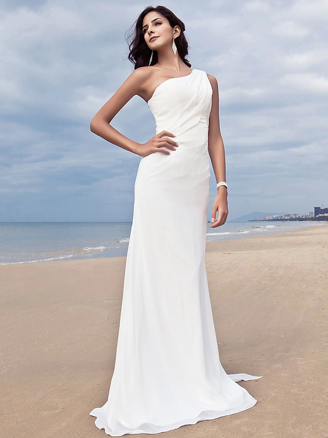 Wedding Dresses One Shoulder  Chiffon Regular Straps Simple Plus Size with Side-Draped