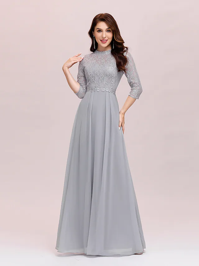 A-Line Mother of the Bride Dress Plus Size Elegant Jewel Neck Floor Length Chiffon Lace  Length Sleeve with Lace