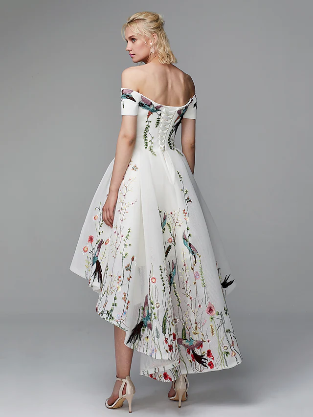 Ballkleid, elegant, mit Blumenmuster, hoch niedrig, für Cocktailpartys, Abschlussbälle, Valentinstag, schulterfrei, kurze Ärmel, asymmetrisch, Polyester mit Stickerei