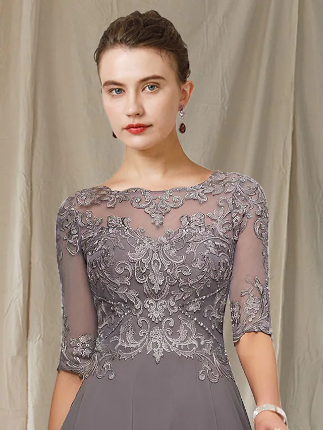 A-Line Mother of the Bride Dress Elegant Jewel Neck Asymmetrical Ankle Length Chiffon Lace Half Sleeve with Pleats Appliques