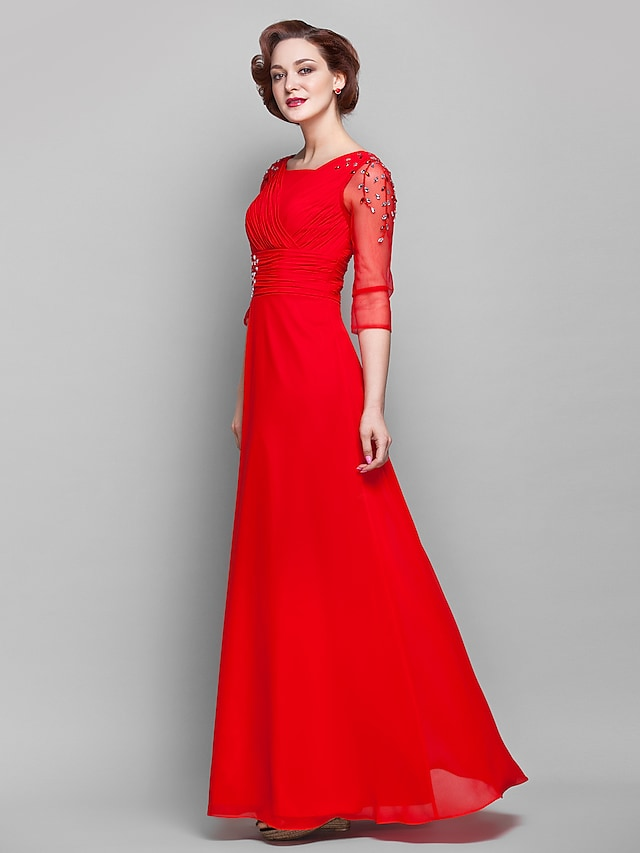 Kleid für die Brautmutter, Vintage-inspiriert, quadratischer Ausschnitt, bodenlang, Chiffon-Tüll, 3/4-Ärmel mit überkreuzten Schultern