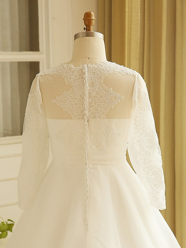 A-Line Wedding Dresses Jewel Neck Court Train Lace Long Sleeve Country Illusion Sleeve