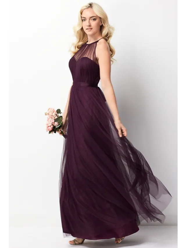 A-Line Halter Neck Floor Length Chiffon  Tulle Bridesmaid Dress