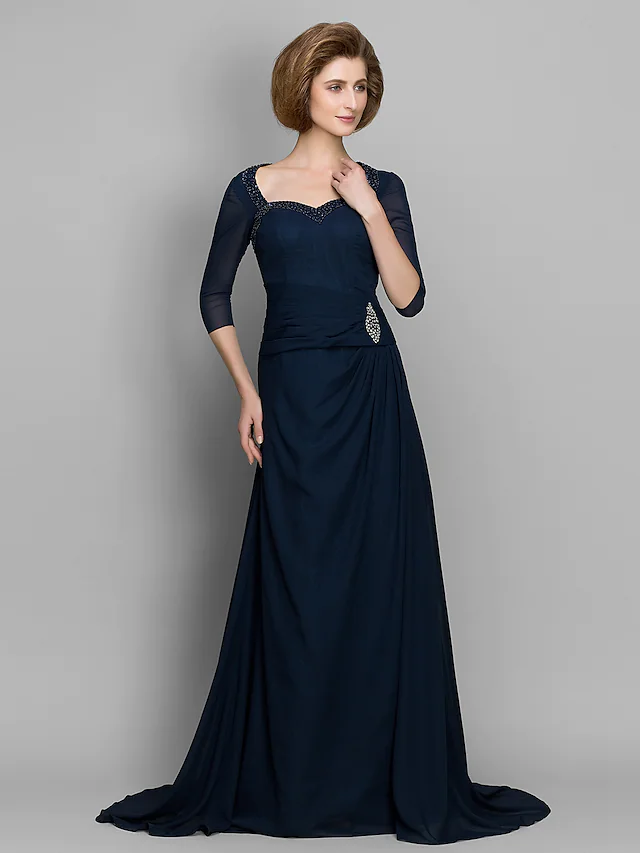 A-Line Mother of the Bride Dress Elegant Sweetheart Neckline  Chiffon  Length Sleeve with Ruched Beading
