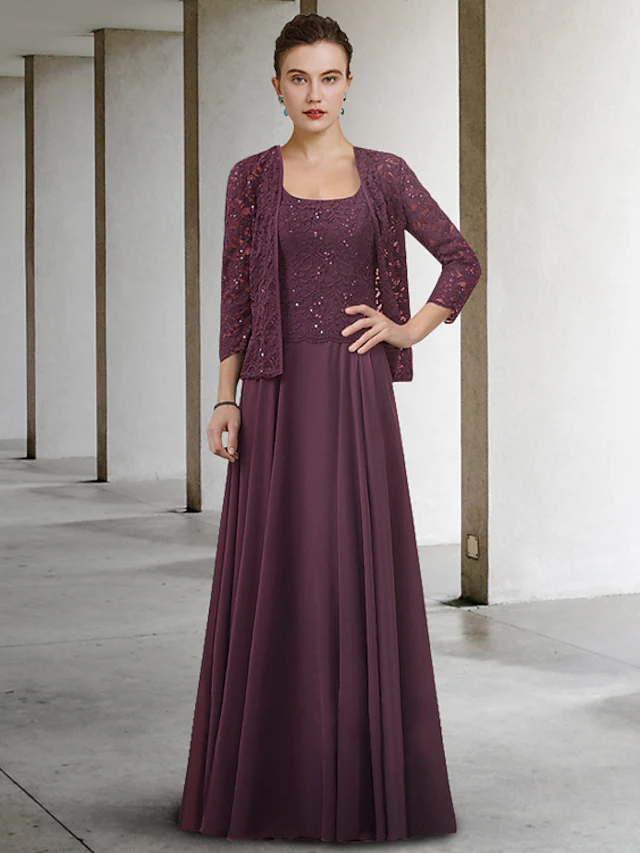 Zweiteiliges A-Linien-Kleid für die Brautmutter, elegant, mit Rundhalsausschnitt, bodenlang, Chiffon, Spitze, halbe Ärmel mit Falten