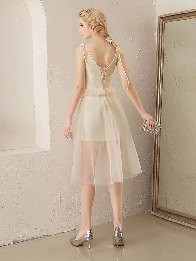 Flirty Sexy Party Wear Cocktail Party Dress V Neck Sleeveless Knee Length Tulle with Tier