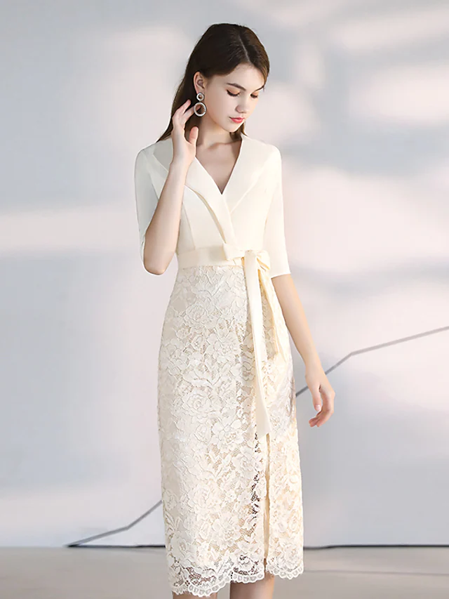 Elegant bodycon Homecoming Cocktail Party Dress V Neck Half Sleeve Knee Length Lace Stretch Fabric with Sash  Ribbon