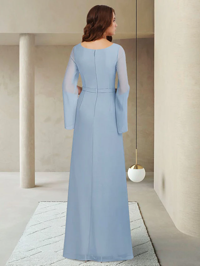 Kleid für die Brautmutter, elegant, V-Ausschnitt, knöchellang, Chiffon, lange Ärmel, mit Kristallbrosche, Rüschen