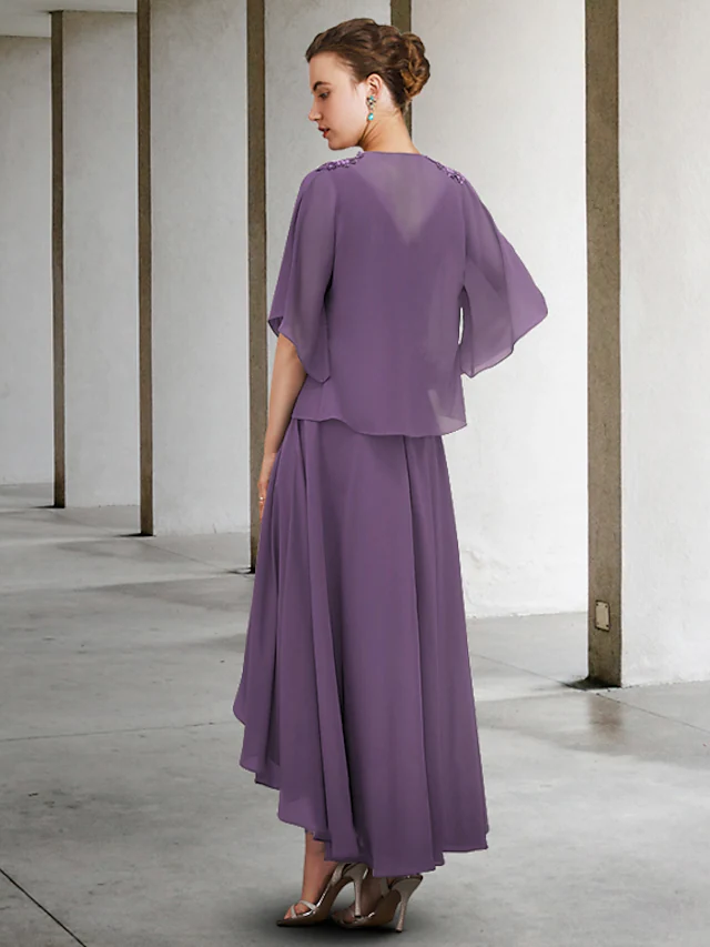 Zweiteiliges A-Linien-Kleid für die Brautmutter, eleganter V-Ausschnitt, asymmetrischer Chiffon, halbe Ärmel mit Falten