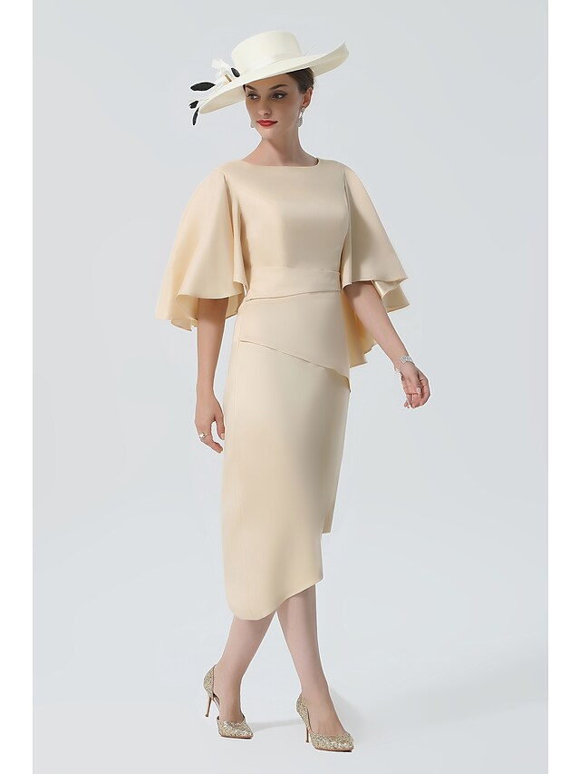 Mother of the Bride Dress Elegant Jewel Neck Knee Length Charmeuse Half Sleeve with Tier