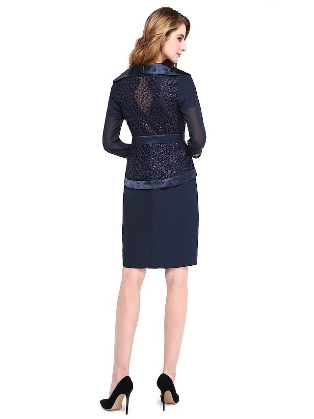 Kleid für die Mutter der Braut, zweiteilig, Wickelkleid inklusive, Rundhalsausschnitt, knielang, Chiffon, Spitzenärmel mit Kristallbrosche, Schärpe, Band