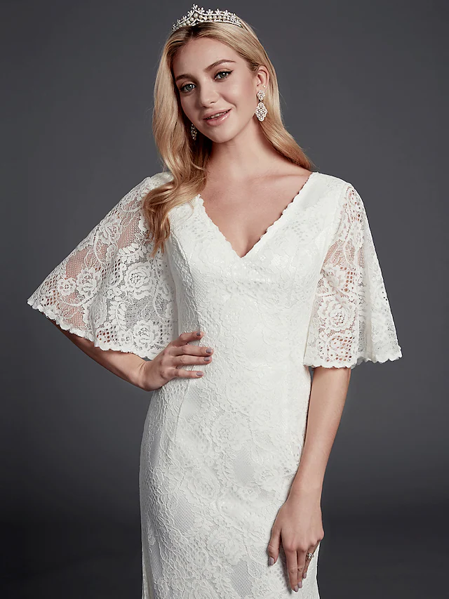 Wedding Dresses V Neck  Lace Half Sleeve Beautiful Back with Lace