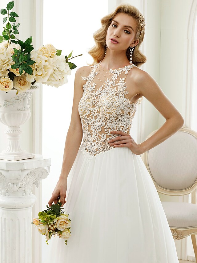 Ballkleid-Brautkleider, Rundhalsausschnitt, Kapellenschleppe, Spitze, Tüll, Spitze über Tüll, normale Träger, durchsichtig, schöner Rücken mit Knöpfen und Applikationen