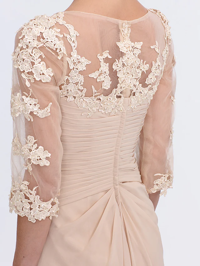 Mother of the Bride Dress Elegant See Through V Neck Floor Length Chiffon Sheer Lace Half Sleeve with Appliques Side Draping