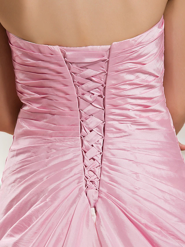 Ball Gown Wedding Dresses Strapless Chapel Train Organza Taffeta Strapless Wedding Dress in Color with Ruched Beading Appliques