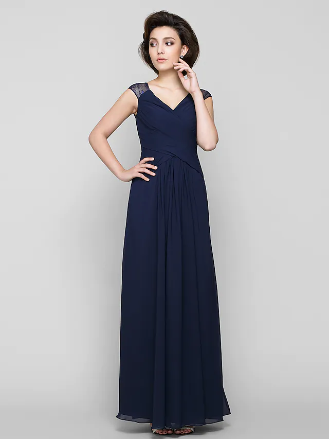 A-Linien-Kleid für die Brautmutter, durchsichtig, V-Ausschnitt, knöchellang, Chiffon, Spitze, ärmellos, mit überkreuzter Spitze