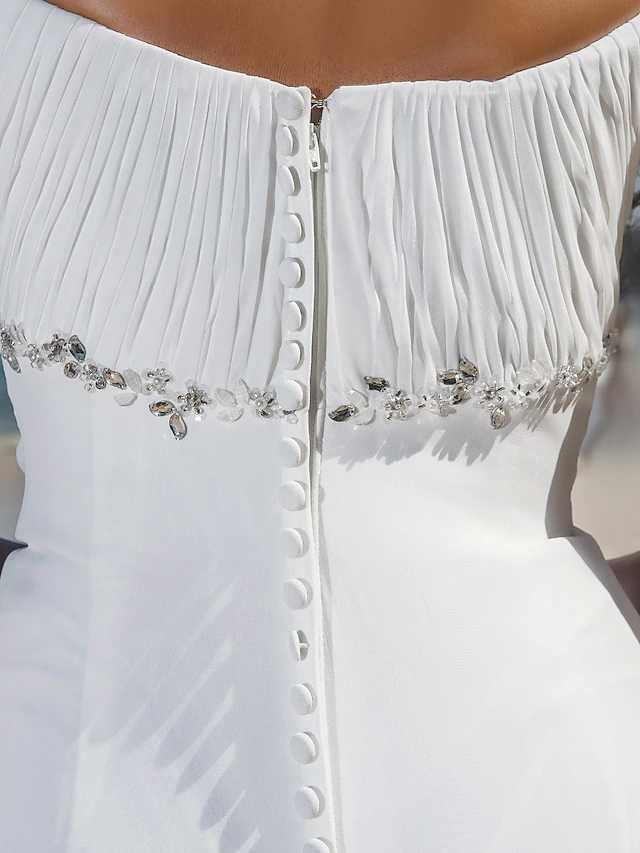 Wedding Dresses Scoop Neck Chiffon Cap Sleeve Beach Plus Size with Beading Draping Button