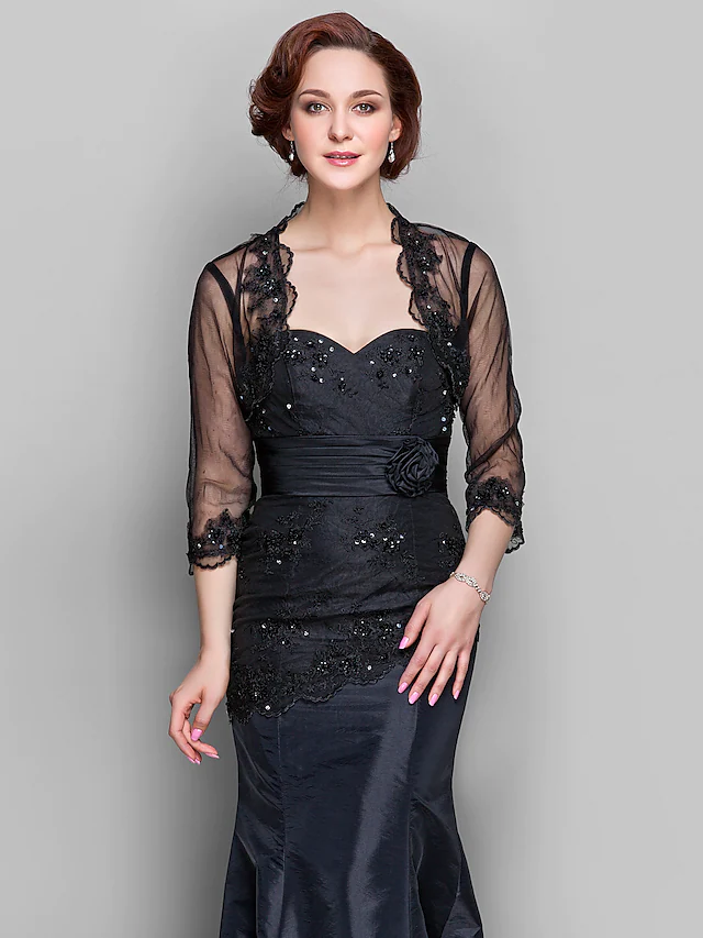 Mother of the Bride Dress Wrap Included Sweetheart Neckline Floor Length Taffeta Tulle  Length Sleeve with Lace Ruched Beading