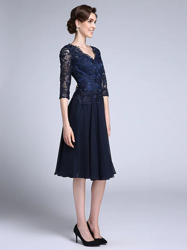 Mother of the Bride Dress Elegant V Neck Knee Length Chiffon Sheer Lace Half Sleeve with Lace