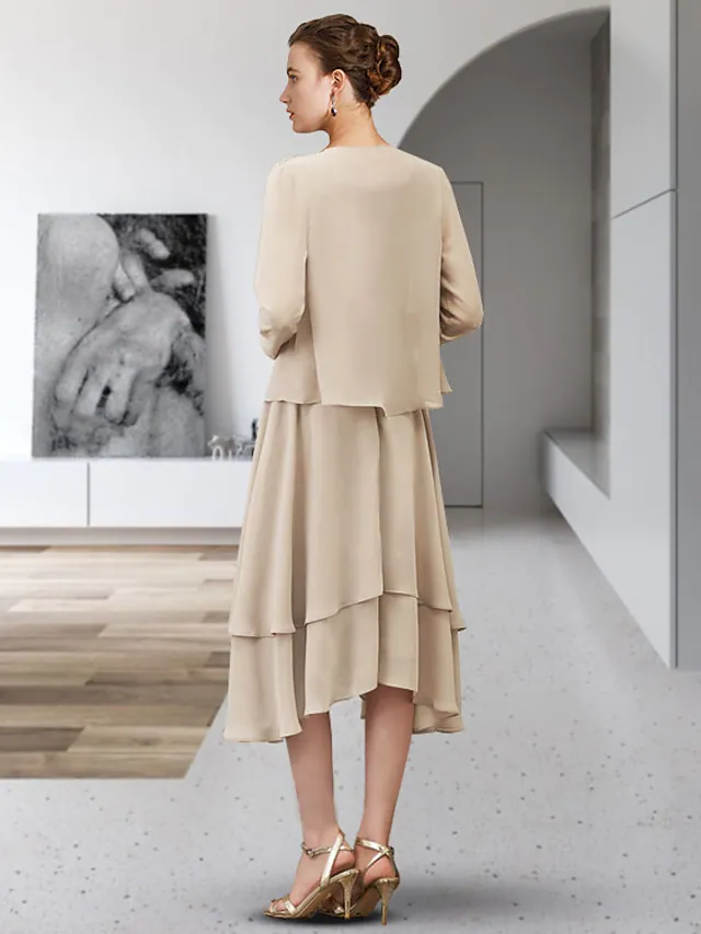 Zweiteiliges A-Linien-Kleid für die Brautmutter, eleganter Rundhalsausschnitt, asymmetrisch, Chiffon, ärmellos, mit Rüschen, mehrreihigen Applikationen