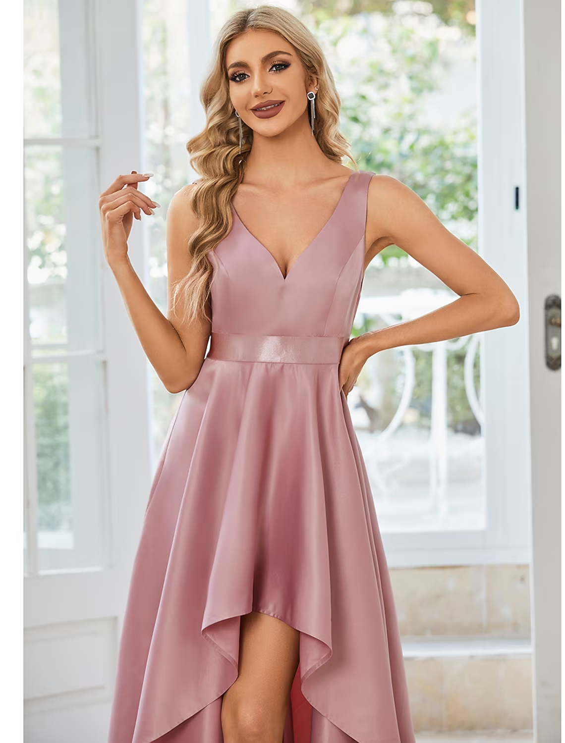 A-Linien-Kleid für Hochzeitsgäste, legeres Kleid, Partykleidung, asymmetrisch, ärmellos, V-Ausschnitt, Satin mit Rüschen, reine Farbe