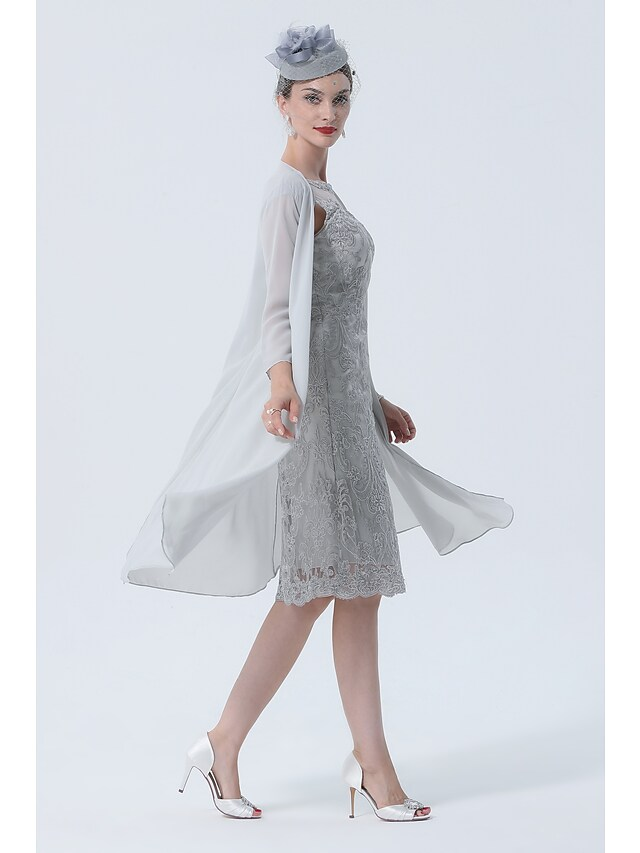 Two Piece Mother of the Bride Dress Plus Size Vintage Sexy Jewel Neck Tea Length Chiffon 3/4 Length Sleeve with Lace