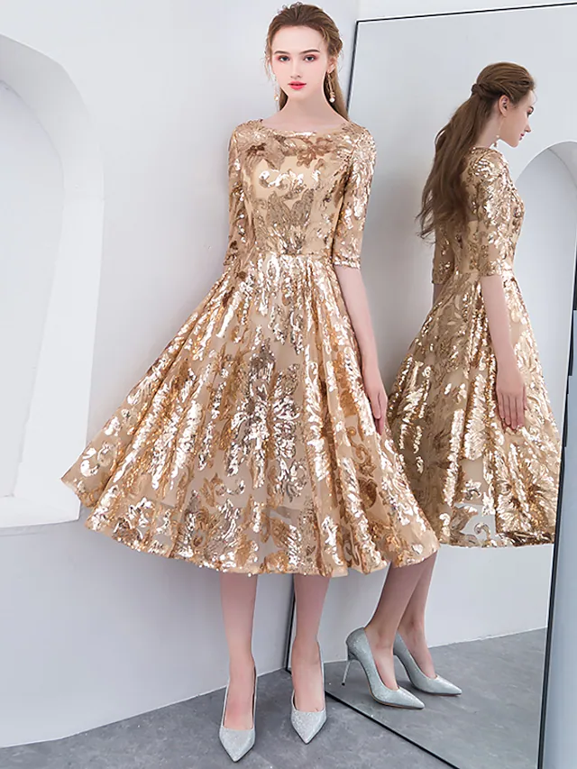 A-Line Elegant Sparkle & Shine Holiday Cocktail Party Dress Jewel Neck Half Sleeve Tea Length Sequined with