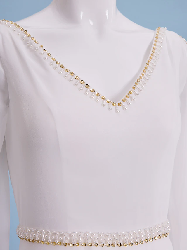 Brautkleider V-Ausschnitt Hofschleppe Chiffon Langarm mit Perlen