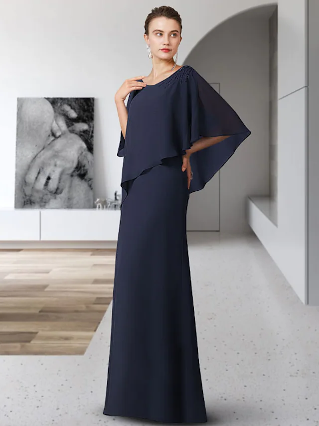 Kleid für die Brautmutter, elegant, V-Ausschnitt, bodenlang, Chiffon, halbe Ärmel, mit Rüschen