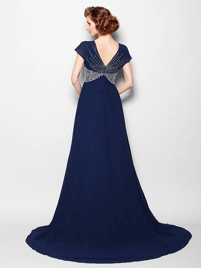 A-Linien-Kleid für die Brautmutter, V-Ausschnitt, Hofschleppe, Georgette, kurze Ärmel, mit Perlen und Pailletten