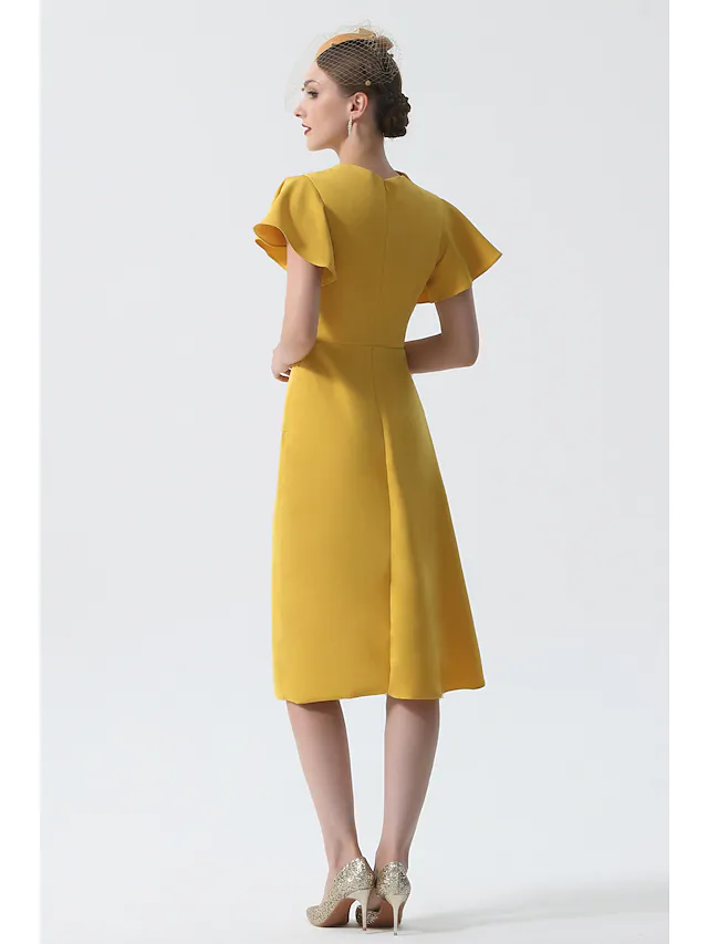 Mother of the Bride Dress Elegant Cowl Neck Knee Length Stretch Satin Short Sleeve with Ruching