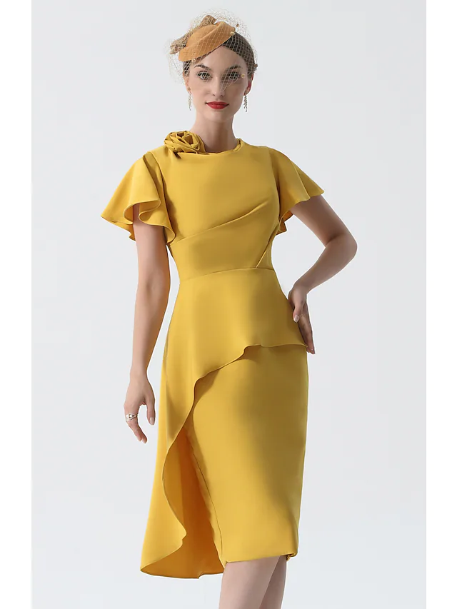 Kleid für die Brautmutter, elegant, Wasserfallausschnitt, knielang, Stretch-Satin, kurze Ärmel mit Rüschen