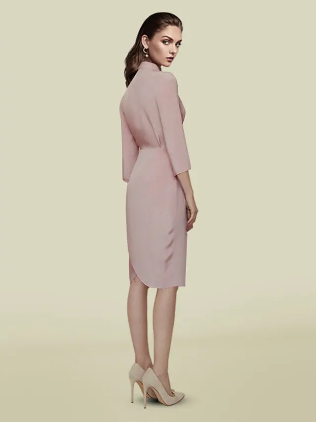 Mother of the Bride Dress Elegant V Neck Knee Length Charmeuse  Length Sleeve with Sash  Ribbon Pleats