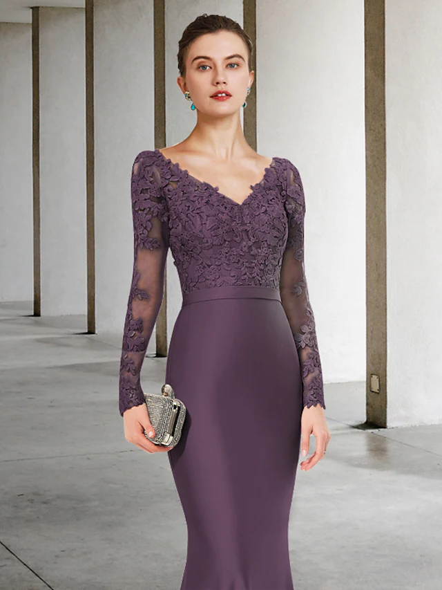 Mother of the Bride Dress Elegant V Neck Chiffon Lace Long Sleeve with Appliques