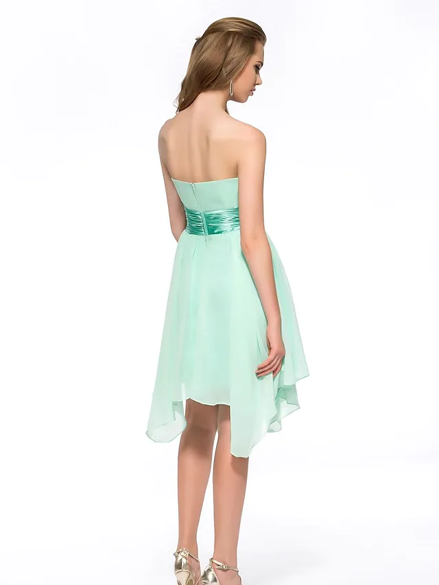 A-Line Minimalist Elegant Engagement Cocktail Party Dress Strapless Sleeveless Asymmetrical Knee Length Chiffon with Sash  Ribbon Bow(s)