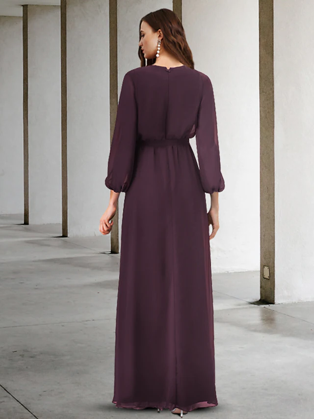 A-Linien-Kleid für die Brautmutter, elegant, V-Ausschnitt, bodenlang, Chiffon, lange Ärmel, mit Schlitz vorne