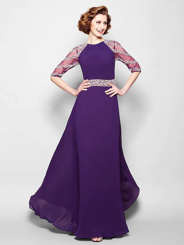 A-Linien-Kleid für die Brautmutter, durchsichtig, Rundhalsausschnitt, bodenlang, Tüll, Georgette, halbe Ärmel, mit Schärpe, Band, Kristallen und Perlen