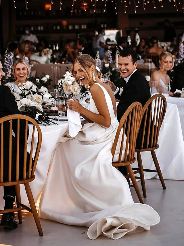 A-Line Wedding Dresses V Neck Court Train Satin Sleeveless Simple Sexy with Sashes  Ribbons Split Front