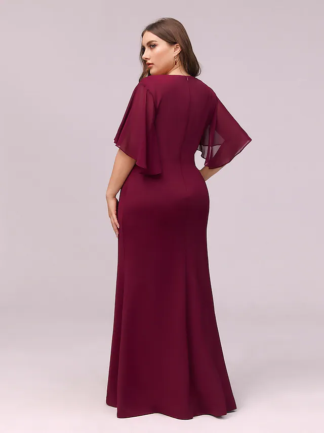 Bodenlanges Chiffon-Brautjungfernkleid mit V-Ausschnitt und Applikationen