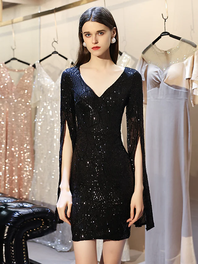 Sparkle Elegant Homecoming Cocktail Party Dress V Neck Long Sleeve Short  Mini Sequined with Sequin Split