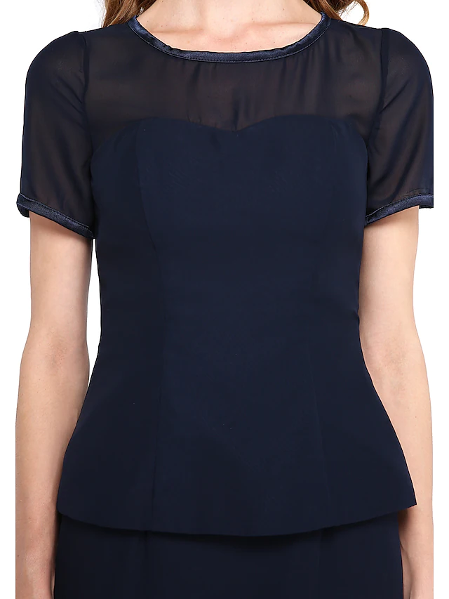 Mother of the Bride Dress Two Piece Wrap Included Jewel Neck Knee Length Chiffon Lace  Length Sleeve withCrystal Brooch Sash  Ribbon