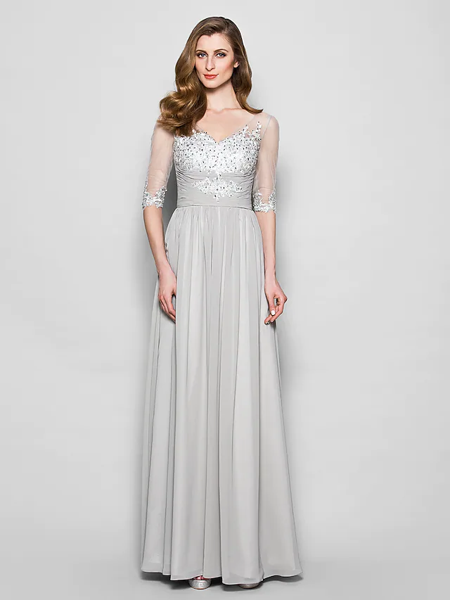 A-Line Mother of the Bride Dress V Neck Floor Length Chiffon Tulle Half Sleeve with Ruched Beading Sequin