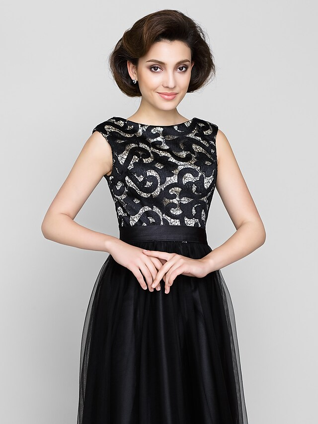 A-Line Mother of the Bride Dress Vintage Inspired Scoop Neck Floor Length Tulle Sleeveless with Pattern  Print