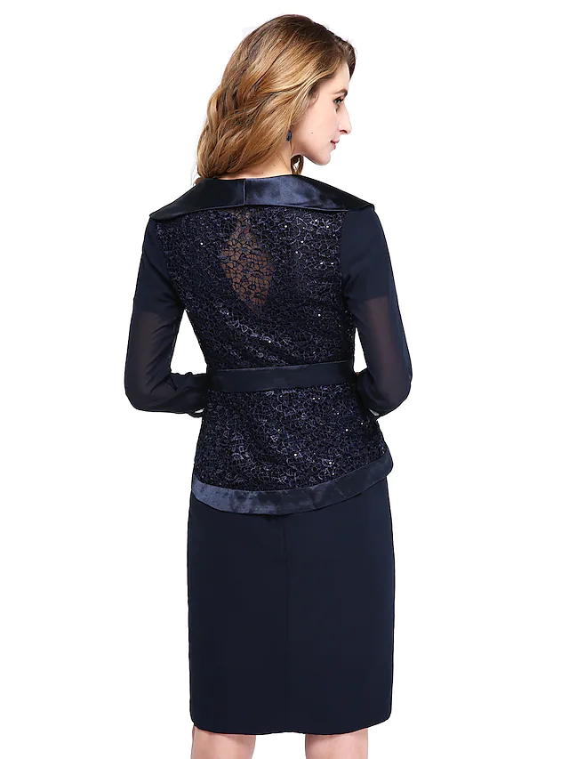 Mother of the Bride Dress Two Piece Wrap Included Jewel Neck Knee Length Chiffon Lace  Length Sleeve withCrystal Brooch Sash  Ribbon