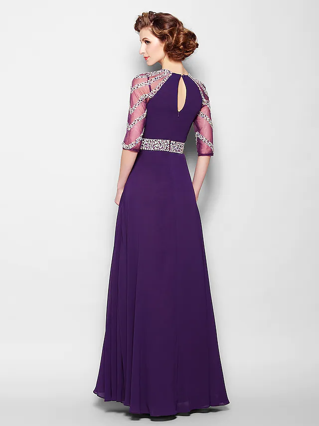 A-Linien-Kleid für die Brautmutter, durchsichtig, Rundhalsausschnitt, bodenlang, Tüll, Georgette, halbe Ärmel, mit Schärpe, Band, Kristallen und Perlen