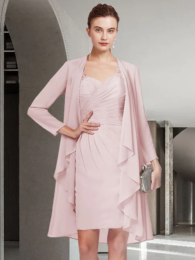 Mother of the Bride Dress Elegant Jewel Neck Short Mini Chiffon Long Sleeve with Lace Ruching