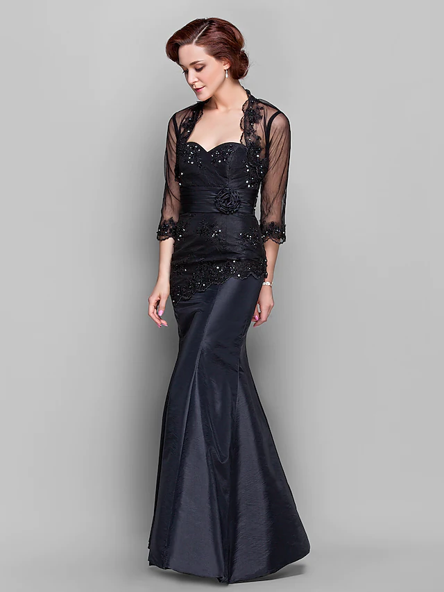 Mother of the Bride Dress Wrap Included Sweetheart Neckline Floor Length Taffeta Tulle  Length Sleeve with Lace Ruched Beading