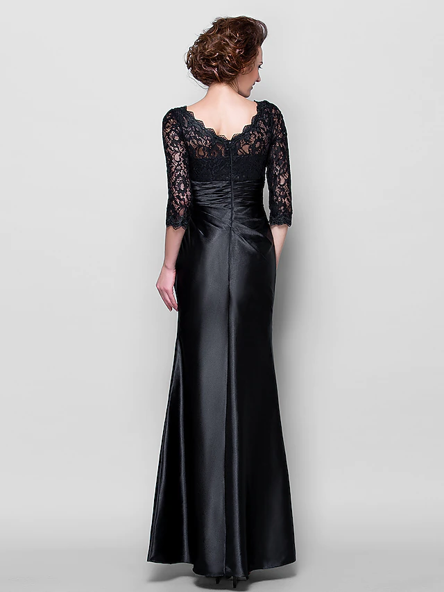 Kleid für die Mutter der Braut, durchsichtig, Rundhalsausschnitt, bodenlang, Stretch-Satin, Spitze über Satin, lange Ärmel mit Spitze, gerüschte Seitendrapierung
