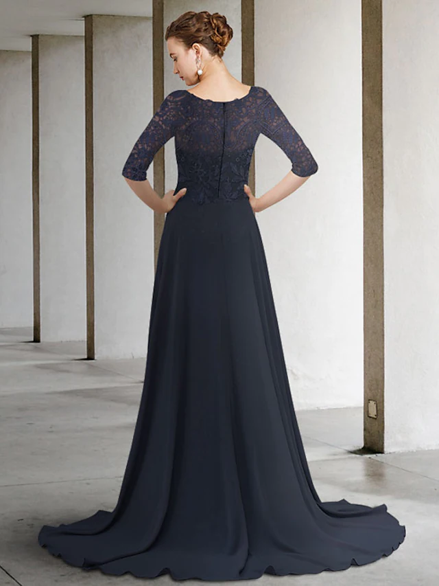 A-Linien-Kleid für die Brautmutter, elegant, Rundhalsausschnitt, Chiffon, Spitze, halbe Ärmel mit Falten