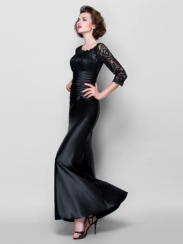 Kleid für die Mutter der Braut, durchsichtig, Rundhalsausschnitt, bodenlang, Stretch-Satin, Spitze über Satin, lange Ärmel mit Spitze, gerüschte Seitendrapierung